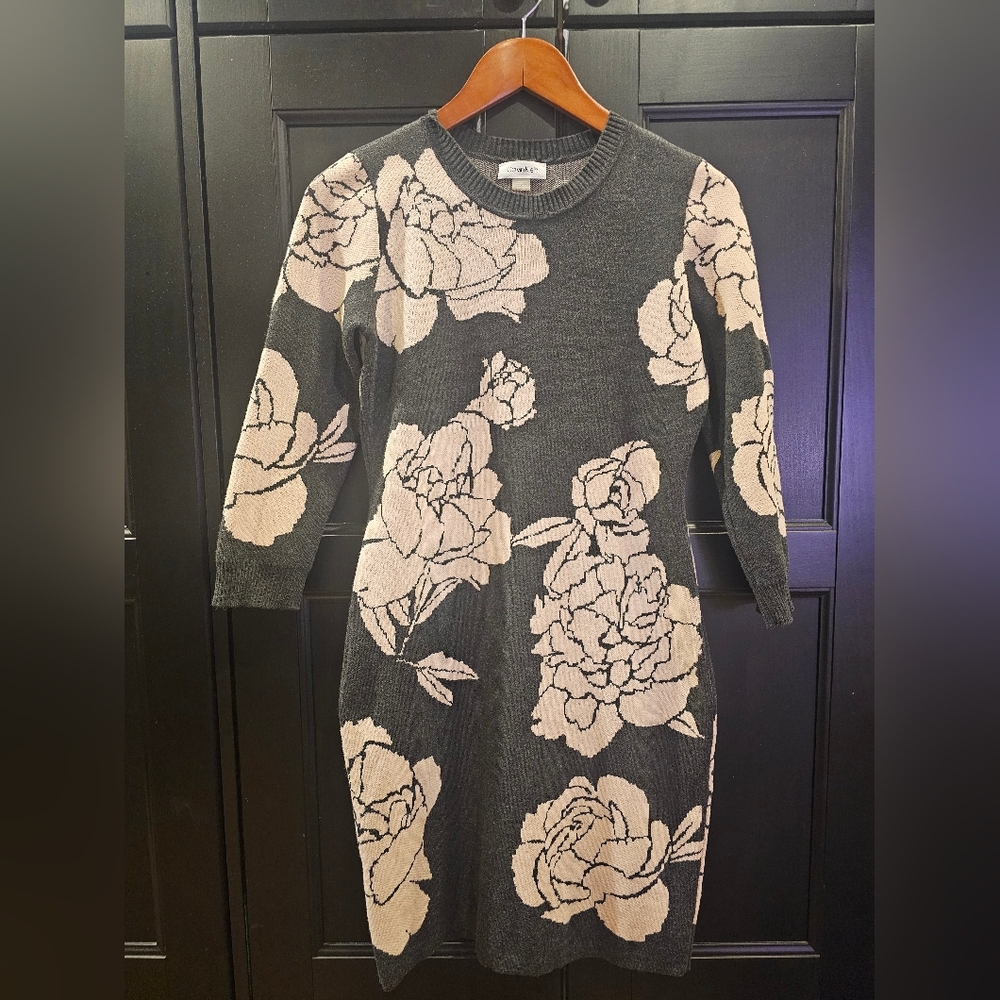 Calvin Klein Sweater Dress- Charcoal With Light Pink Floral Pattern- Small